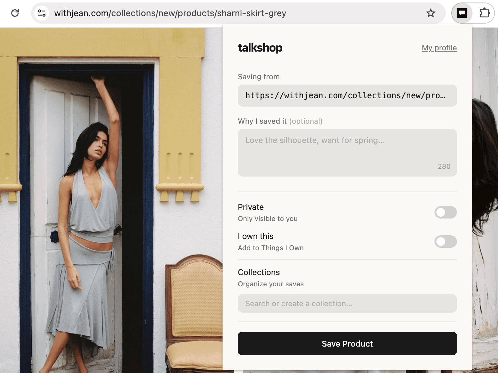 Talkshop browser extension saving a product