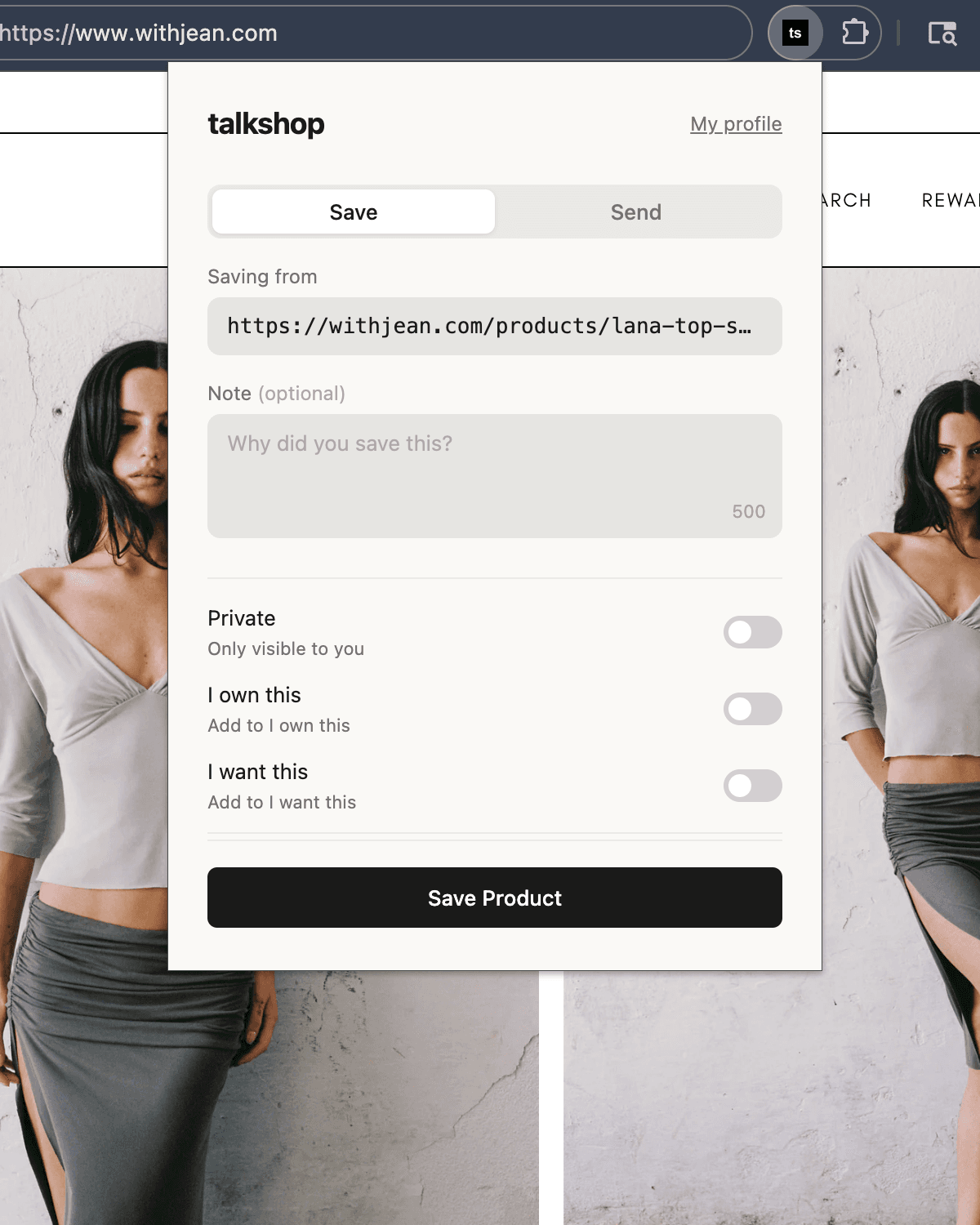 Talkshop browser extension saving a product